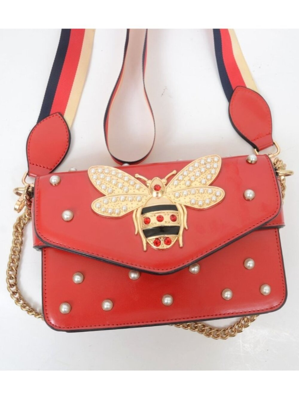 Pearl Studded Bee Red Vegan Leather Mini Broadway Shoulder Crossbody Bag Purse